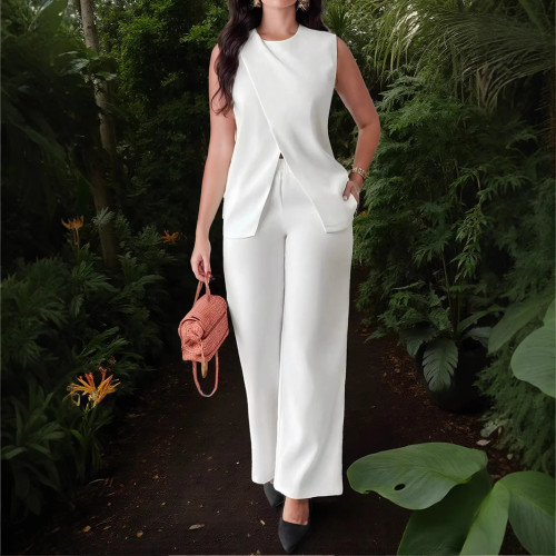 Solid Color Sleeveless Belt Two-Piece Long Pants Casual Set