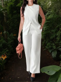 Solid Color Sleeveless Belt Two-Piece Long Pants Casual Set