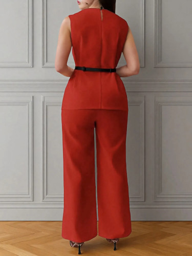 Solid Color Sleeveless Belt Two-Piece Long Pants Casual Set