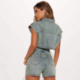 Casual Stretch Denim Color-Block Two-Piece Set for Women