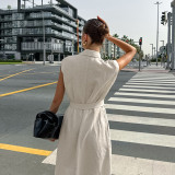 Casual Linen Khaki Tie-Front Shirt Dress for Women