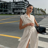 Casual Linen Khaki Tie-Front Shirt Dress for Women