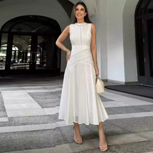 Lace Hollow-Out Sleeveless Waist-Cinching Dress