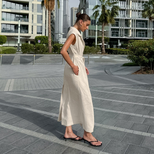 Casual Linen Khaki Tie-Front Shirt Dress for Women