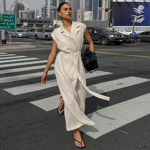 Casual Linen Khaki Tie-Front Shirt Dress for Women