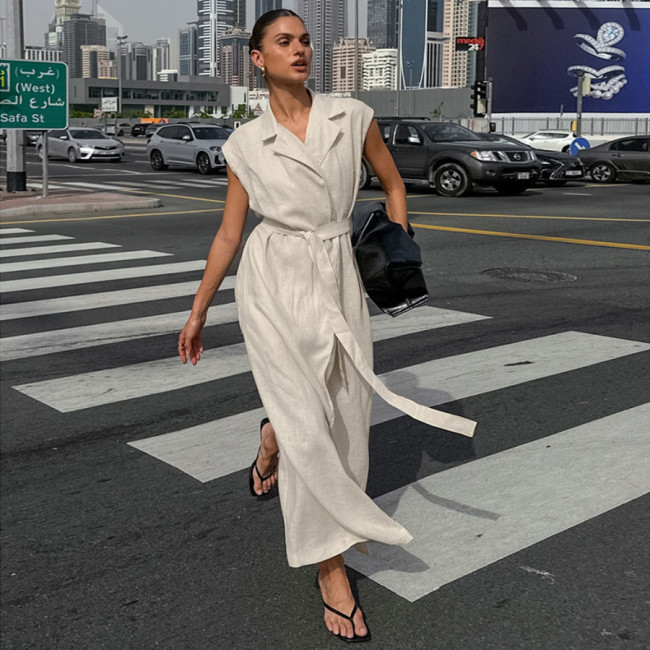 Casual Linen Khaki Tie-Front Shirt Dress for Women