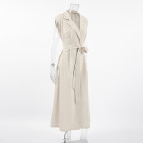 Casual Linen Khaki Tie-Front Shirt Dress for Women