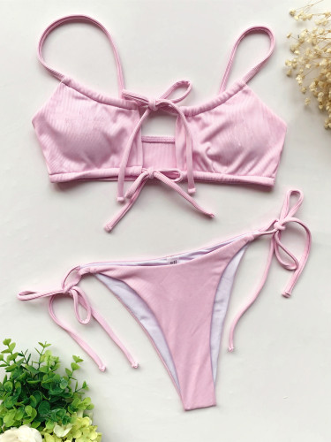 Solid Color Tie-Front Bikini Swimsuit
