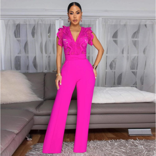 Ihoov Unique Lace-Trimmed Sleeveless Wide Leg Jumpsuit