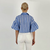 Casual Loose Fit Striped Lantern Sleeve Cropped Shirt for Women