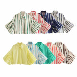 Casual Loose Fit Striped Lantern Sleeve Cropped Shirt for Women