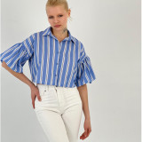 Casual Loose Fit Striped Lantern Sleeve Cropped Shirt for Women