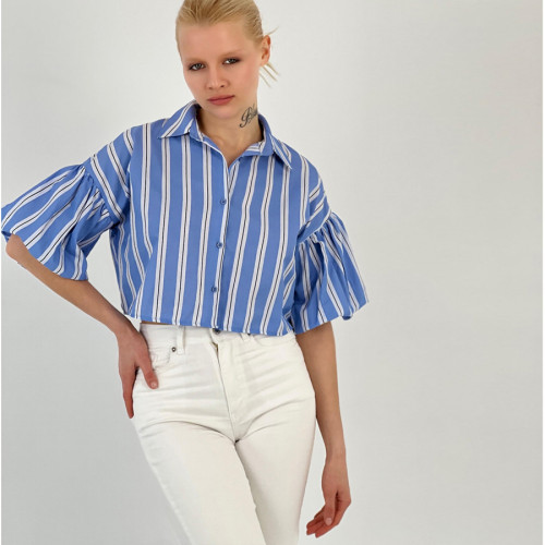 Casual Loose Fit Striped Lantern Sleeve Cropped Shirt for Women