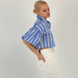 Casual Loose Fit Striped Lantern Sleeve Cropped Shirt for Women