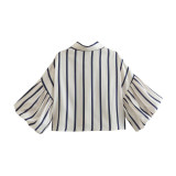 Casual Loose Fit Striped Lantern Sleeve Cropped Shirt for Women