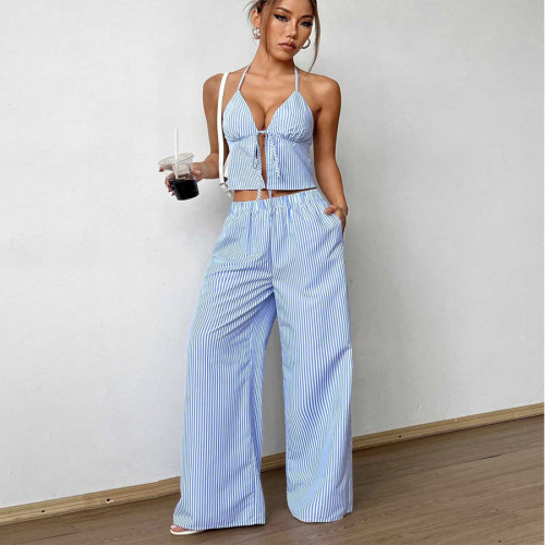 Striped Tie-Front Tank Top with Wide-Leg Pants Set