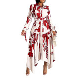 Floral Print Ruffled Collar Long Sleeve Irregular Dress