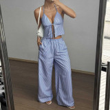 Striped Tie-Front Tank Top with Wide-Leg Pants Set