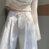 White High-Waisted Pleated Wide-Leg Denim Pants for Women