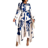 Floral Print Ruffled Collar Long Sleeve Irregular Dress