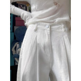 White High-Waisted Pleated Wide-Leg Denim Pants for Women