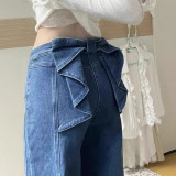 High-Waisted Wide-Leg Denim Pants with Bowknot for Women