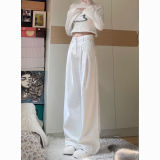 White High-Waisted Pleated Wide-Leg Denim Pants for Women