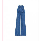High-Waisted Wide-Leg Denim Pants with Bowknot for Women