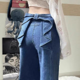 High-Waisted Wide-Leg Denim Pants with Bowknot for Women