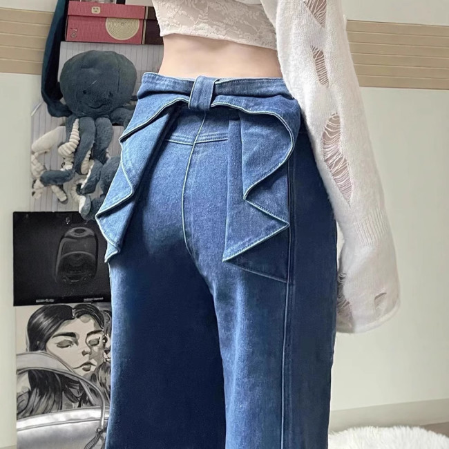 High-Waisted Wide-Leg Denim Pants with Bowknot for Women