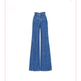 High-Waisted Wide-Leg Denim Pants with Bowknot for Women