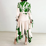 Floral Print Ruffled Collar Long Sleeve Irregular Dress