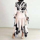 Floral Print Ruffled Collar Long Sleeve Irregular Dress