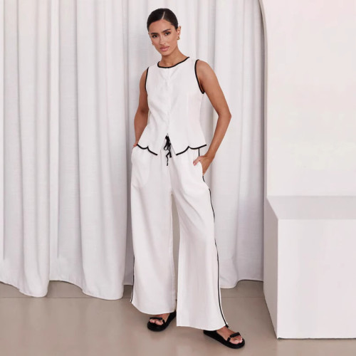 Bold Color-Blocking Sleeveless Tie-Front Pants Sets