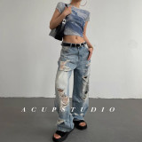 Vintage Distressed Ripped Straight-Leg Denim Pants for Women