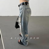 Vintage Distressed Ripped Straight-Leg Denim Pants for Women