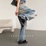 Vintage Distressed Ripped Straight-Leg Denim Pants for Women