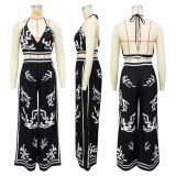 Printed V-Neck Halterneck Wide-Leg Pants Set for Women