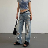 Vintage Distressed Ripped Straight-Leg Denim Pants for Women