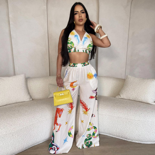 Printed V-Neck Halterneck Wide-Leg Pants Set for Women