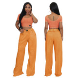 Vintage Two-Piece Sexy Waist-Baring U-Neck Wide-Leg Set for Women