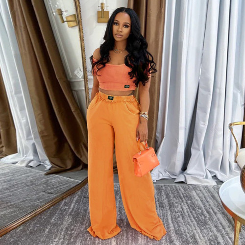 Vintage Two-Piece Sexy Waist-Baring U-Neck Wide-Leg Set for Women