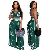 Printed V-Neck Halterneck Wide-Leg Pants Set for Women