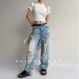 Vintage Distressed Ripped Straight-Leg Denim Pants for Women