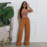 Vintage Two-Piece Sexy Waist-Baring U-Neck Wide-Leg Set for Women