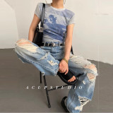 Vintage Distressed Ripped Straight-Leg Denim Pants for Women