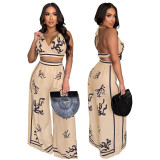 Printed V-Neck Halterneck Wide-Leg Pants Set for Women