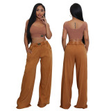 Vintage Two-Piece Sexy Waist-Baring U-Neck Wide-Leg Set for Women