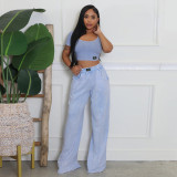 Vintage Two-Piece Sexy Waist-Baring U-Neck Wide-Leg Set for Women