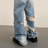 Vintage Distressed Ripped Straight-Leg Denim Pants for Women